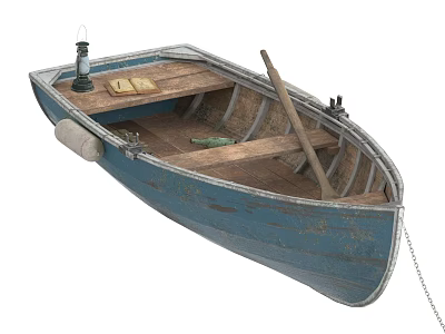 Vintage Blue Wooden Boat Interior With Lantern Book Oar And Buoy 3d model