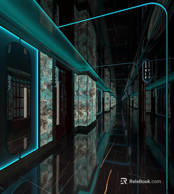 Modern KTV Corridor Design With LED Lighting Decorative Walls And Private Room Doors 3d model 