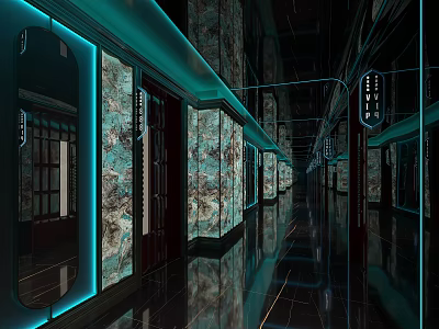 Modern KTV Corridor Design With LED Lighting Decorative Walls And Private Room Doors 3d model