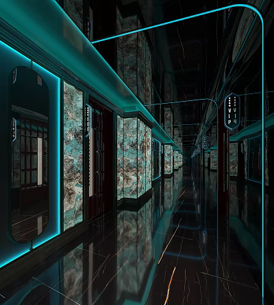 Modern KTV Corridor Design With LED Lighting Decorative Walls And Private Room Doors 3d model