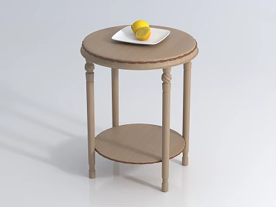 Round Wooden Coffee Table With Four Legs Lower Shelf White Plate And Sliced Lemons 3d model