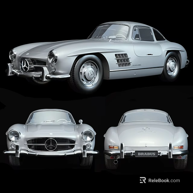 Silver Mercedes Classic Sports Car Front Side Rear Views Retro Design 3d model 