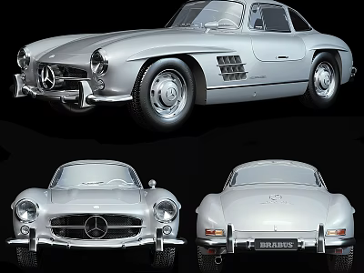 Silver Mercedes Classic Sports Car Front Side Rear Views Retro Design 3d model