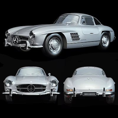 Silver Mercedes Classic Sports Car Front Side Rear Views Retro Design 3d model