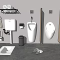 Modern Bathroom Urinal Setup With Towel Rack Toilet Paper Holder Trash Can And Slippers