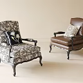 Classic Armchairs Patterned Fabric And Brown Leather With Wooden Arms Legs And Decorative Pillows