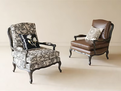 Classic Armchairs Patterned Fabric And Brown Leather With Wooden Arms Legs And Decorative Pillows 3d model