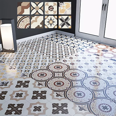 Decorative Floor Tiles With Various Geometric Patterns And Color Combinations In Interior Space Near Window 3d model
