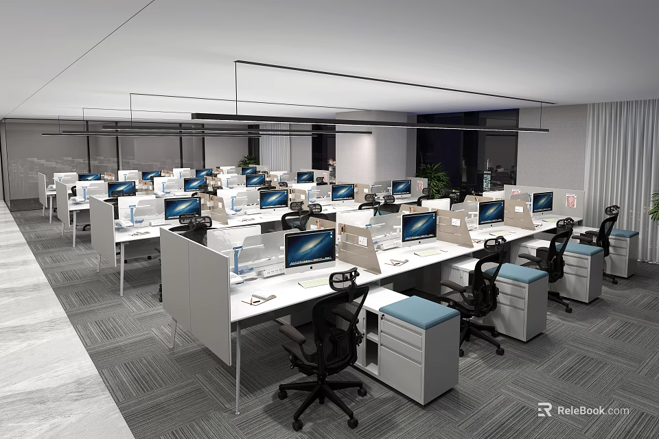 Modern Public Office Space Featuring Open Layout Multiple Workstations Computers And Office Chairs 3d model