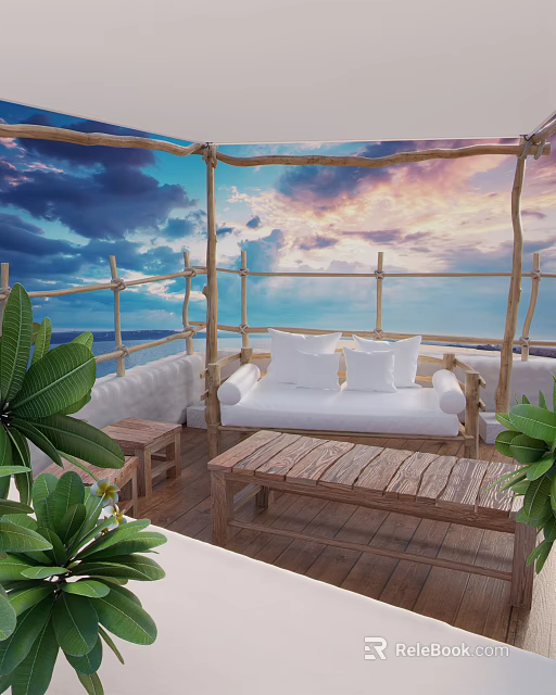 Outdoor Sofa with Ocean View and Sunset Sky Wooden Pergola White Cushions and Green Plants 3d model 