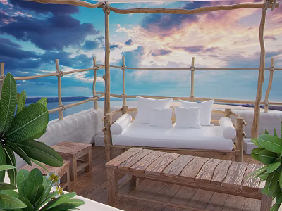 Outdoor Sofa with Ocean View and Sunset Sky Wooden Pergola White Cushions and Green Plants 3d model