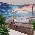 Outdoor Sofa with Ocean View and Sunset Sky Wooden Pergola White Cushions and Green Plants