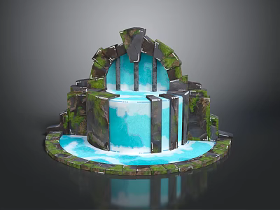 Garden Ornament Design With Stone Structure Greenery Covered Small Waterfall Blue Water And Circular Base 3d model