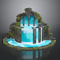 Garden Ornament Design With Stone Structure Greenery Covered Small Waterfall Blue Water And Circular Base