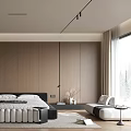 Modern Bedroom Interior With Wooden Panel Walls Platform Bed And Neutral Area Rug