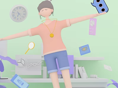 Playful Game Movie Character in Pink Top Blue Shorts with Clock Magnifying Glass and Books 3d model