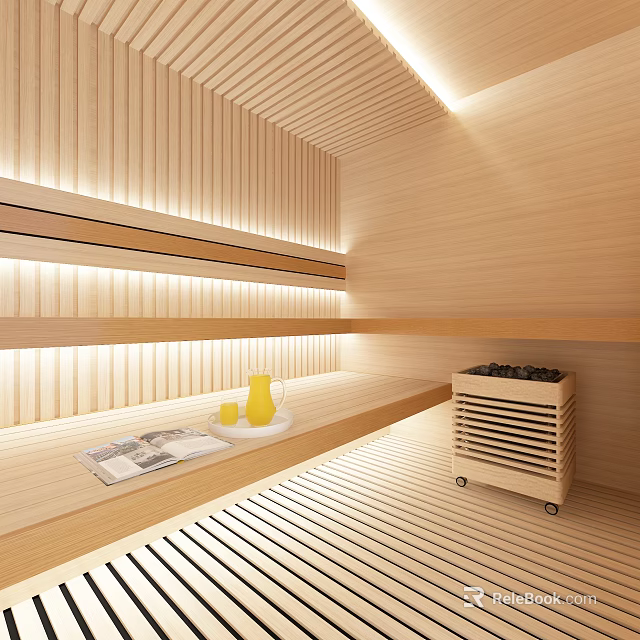 Modern Wooden Sauna Interior with Bench Lighting Sauna Stove and Tray with Jug Cups Magazines 3d model 