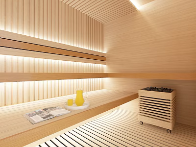 Modern Wooden Sauna Interior with Bench Lighting Sauna Stove and Tray with Jug Cups Magazines 3d model