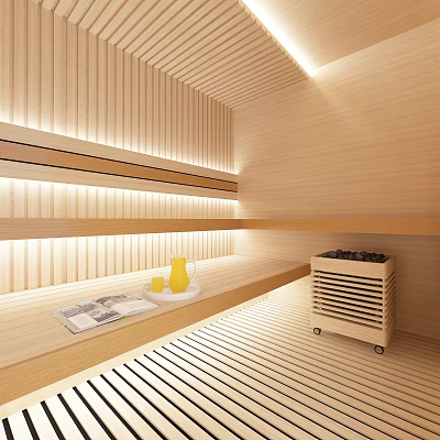 Modern Wooden Sauna Interior with Bench Lighting Sauna Stove and Tray with Jug Cups Magazines 3d model