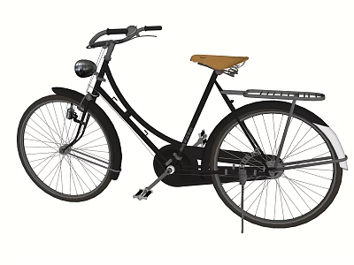 Classic Black Bicycle With Brown Leather Seat Front Headlight And Rear Cargo Rack 3d model