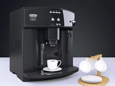 Black Automatic Coffee Machine In Modern Kitchen With Coffee Cup Tray And Wooden Rack 3d model