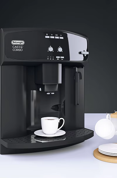 Black Automatic Coffee Machine In Modern Kitchen With Coffee Cup Tray And Wooden Rack 3d model