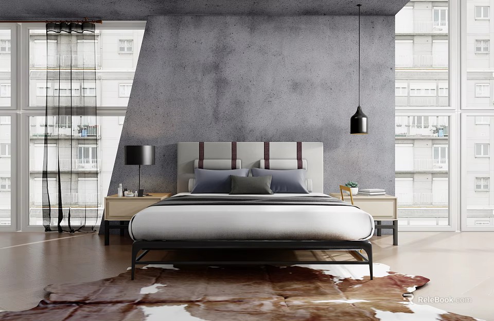 Modern Double Bed With Gray Brown Headboard Nightstands Table Lamps Concrete Wall And Wooden Floor 3d model 