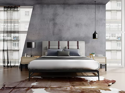 Modern Double Bed With Gray Brown Headboard Nightstands Table Lamps Concrete Wall And Wooden Floor 3d model
