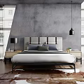 Modern Double Bed With Gray Brown Headboard Nightstands Table Lamps Concrete Wall And Wooden Floor