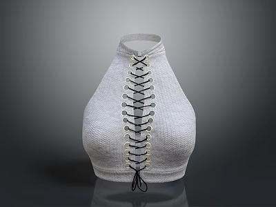 Stylish White High Neck Ribbed Knit Crop Top With Lace Up Front Design 3d model
