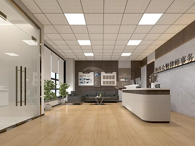 Modern Office Reception Area With Wooden Flooring Glass Windows Ceiling Lights And Green Plants 3d model