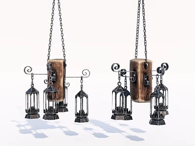 Vintage Wooden And Metal Chandeliers With Decorative Lanterns And Hanging Chains 3d model