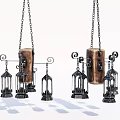 Vintage Wooden And Metal Chandeliers With Decorative Lanterns And Hanging Chains
