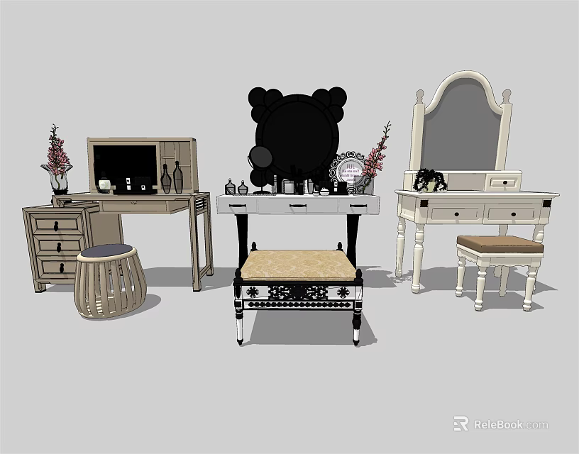 Different Styles Dressing Tables With Mirrors Stools Cosmetics And Decorative Vases 3d model 