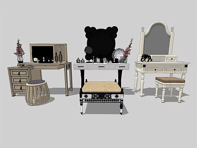 Different Styles Dressing Tables With Mirrors Stools Cosmetics And Decorative Vases 3d model