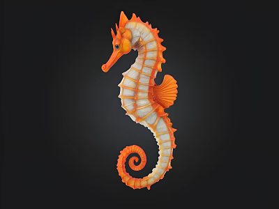Orange And White Seahorse Sculpture With Spiral Tail On Black Background 3d model
