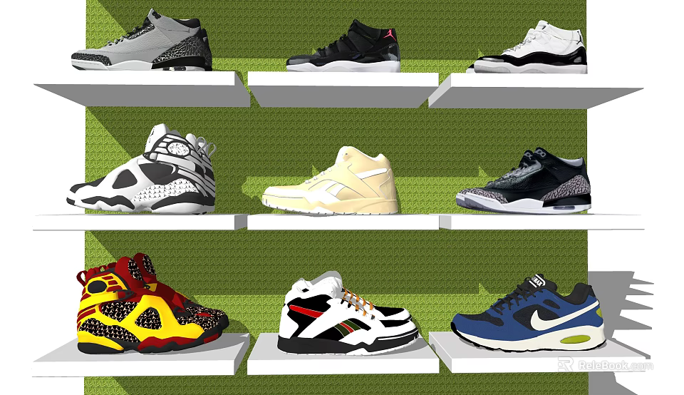Stylish Colorful Sports Shoes Neatly Arranged On White Shelves With Green Background 3d model 