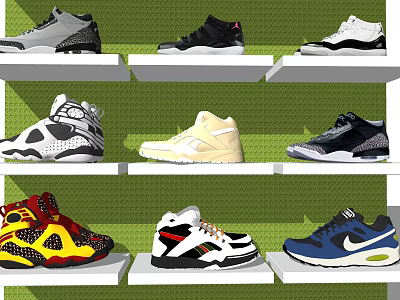 Stylish Colorful Sports Shoes Neatly Arranged On White Shelves With Green Background 3d model