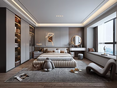 Modern Bedroom Interior With Plush Bed Round Mirror Dressing Table And Floor to Ceiling Windows 3d model