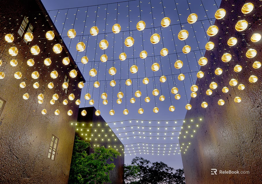 Round Shaped Decorative Lights Hanging Above Outdoor Space With Buildings And Green Plants 3d model 
