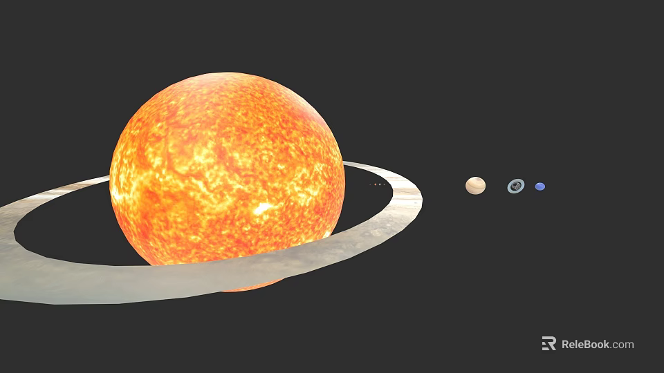 Solar System View Featuring Glowing Orange Sun With Rings And Distant Planets 3d model 