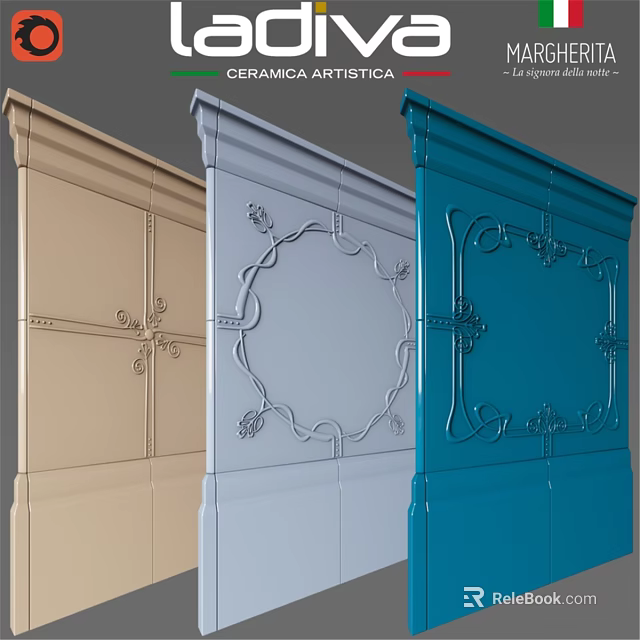 Decorative Laundry Door Panels in Gold Gray and Blue with Ornate Patterns 3d model 
