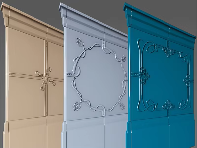 Decorative Laundry Door Panels in Gold Gray and Blue with Ornate Patterns 3d model