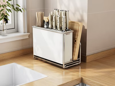 Neat Kitchen Countertop With Organized Utensil Storage Rack Holding Knives Chopsticks And Chopping Board 3d model