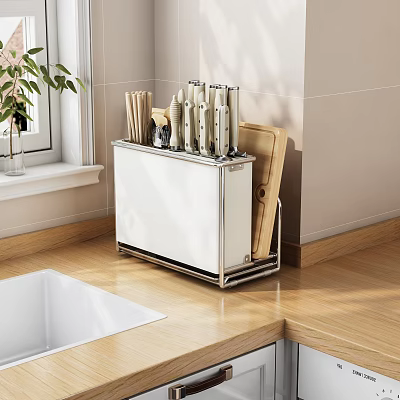 Neat Kitchen Countertop With Organized Utensil Storage Rack Holding Knives Chopsticks And Chopping Board 3d model