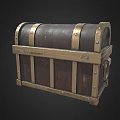 Vintage Wooden Chest With Golden Metal Straps And Decorative Lock Details