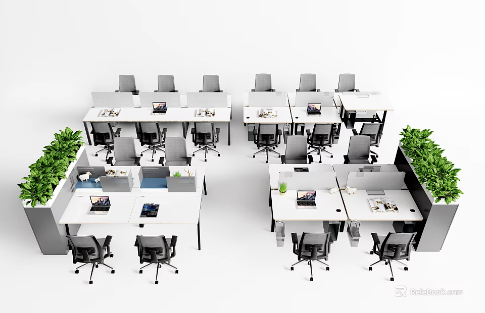 Multiple Office Desks in Open Office Layout with Green Plants Computers and Office Chairs 3d model 