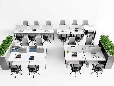 Multiple Office Desks in Open Office Layout with Green Plants Computers and Office Chairs 3d model