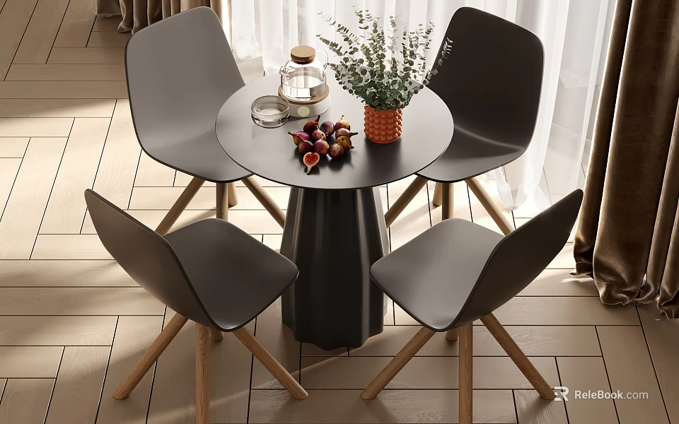 Modern Round Dining Table Set with Four Black Chairs Wooden Legs Green Plant and Fruits 3d model 