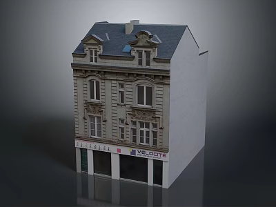 Three Story Traditional Residential Building With Gray Roof Beige Exterior And Ground Floor Delicatessen 3d model